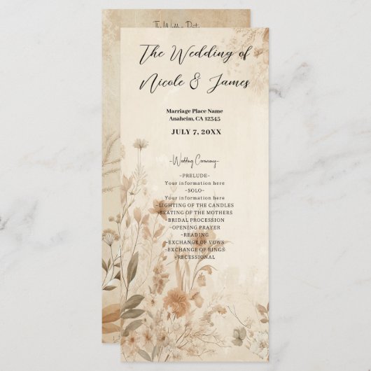 Delicate Bloemen Botanische Boho Bruiloft Programma (Voorkant / Achterkant)