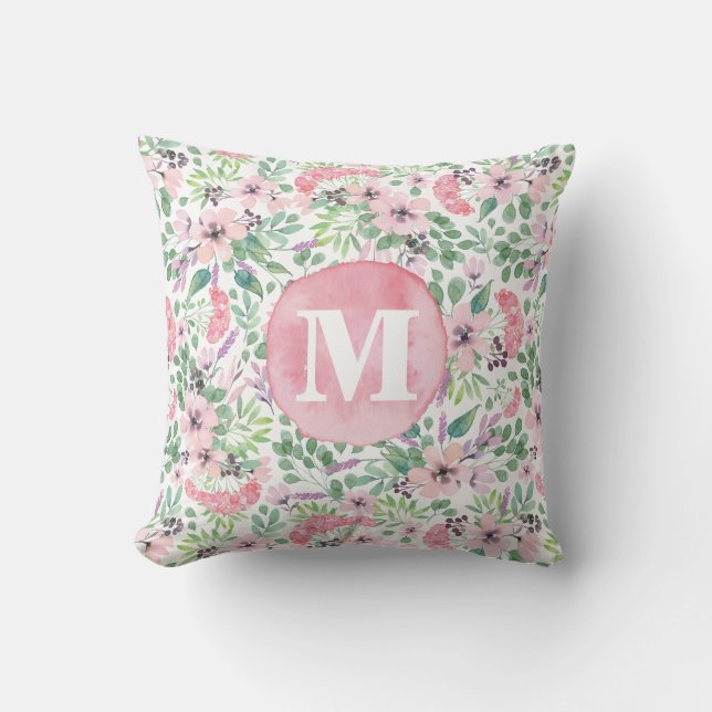 Delicate Bloemen Lila roze blush groen monogram Kussen (Voorkant)