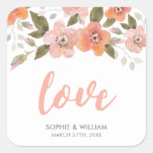 Delicate Bloemen Perzik Bruiloft Liefde Vierkante Sticker (Voorkant)