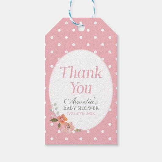 Delicate Bloemen Roze Polka Dot Dank u Cadeaulabel (Voorkant)