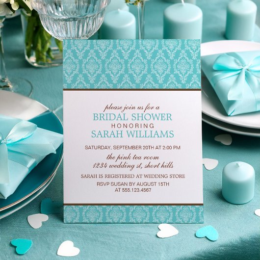 Delicate Blue Damask Wedding Shower Kaart