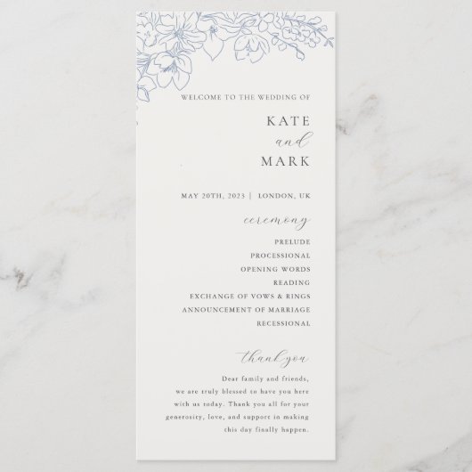 Delicate Blue Floral Wedding Programma (Voorkant)