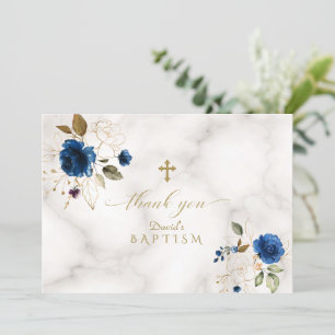 Delicate Blue Gold Flowers Gold Cross-Baptisme Bedankkaart