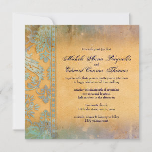 Delicate Blue Grunge Damask Lace Wedding Kaart