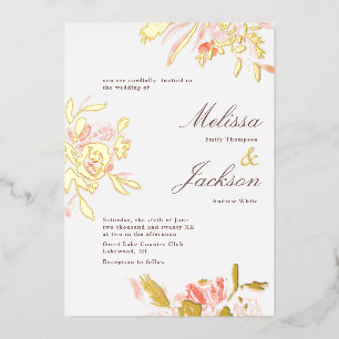 Delicate Blush Flower en Gold Bloom Wedding Folie Uitnodiging