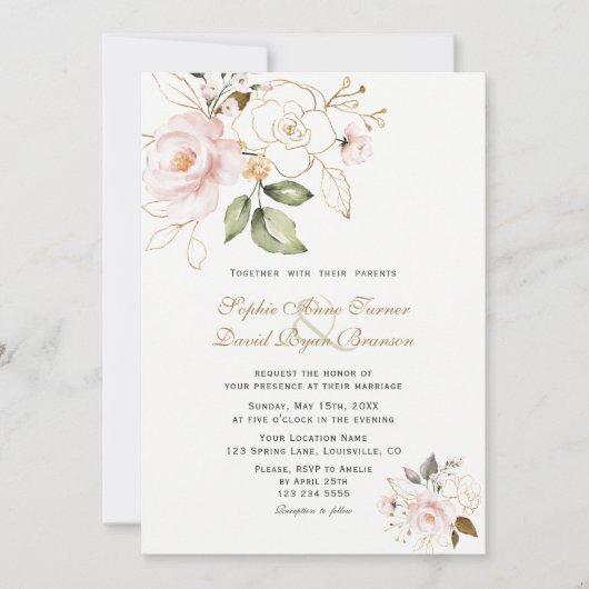 Delicate Blush Gold Flowers Monogram Weddenschap Kaart (Voorkant)