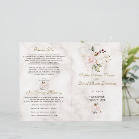 Delicate Blush Gold Flowers Programme de mariage e (Debout devant)