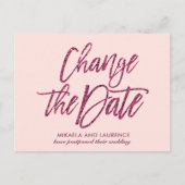 Delicate Blush Pink glitter script de datum wijzig Aankondigingskaart (Voorkant)