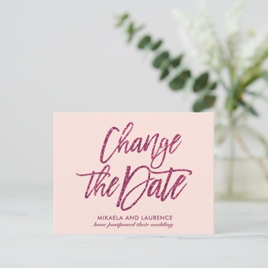 Delicate Blush Pink glitter script de datum wijzig Aankondigingskaart (Staand voorkant)