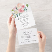 Delicate Blush Roze Bloemen Waterverf Bruiloft All In One Uitnodiging (Afscheurbaar)
