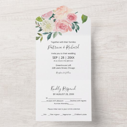 Delicate Blush Roze Bloemen Waterverf Bruiloft All In One Uitnodiging (Binnen)