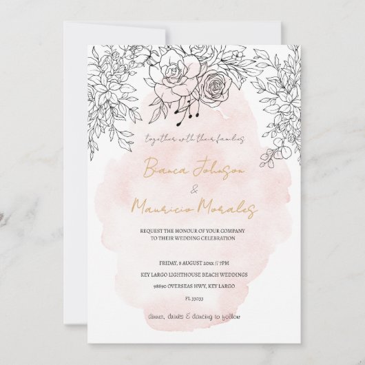 Delicate Blush Wash with Modern Black Botanical  Kaart (Voorkant)