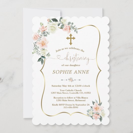 Delicate Blush White Flowers Gold Girl Christening Kaart (Voorkant)