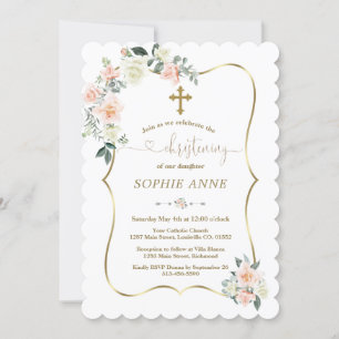 Delicate Blush White Flowers Gold Girl Christening Kaart