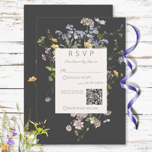 Delicate Boho Wildbloemen Charcoal Wedding QR-code RSVP Kaartje