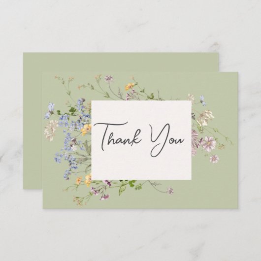 Delicate Boho Wildbloemen Groene bruiloft Bedankkaart (Voorkant / Achterkant)