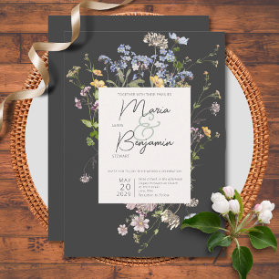 Delicate Boho Wildbloemen Houtskool Bruiloft Kaart