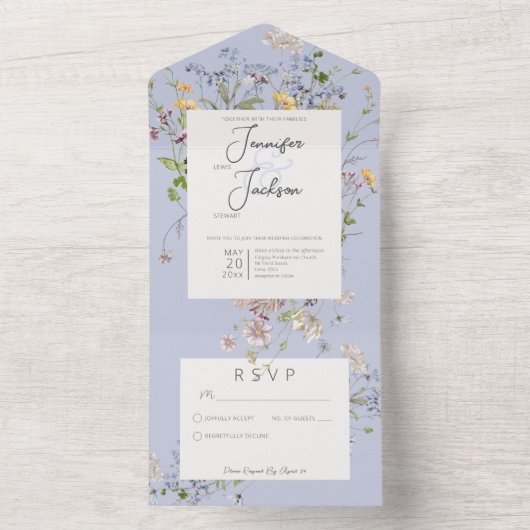 Delicate Boho Wildbloemen Periwinkle Geen diner All In One Uitnodiging (Binnen)
