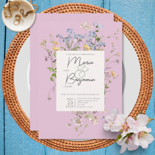 Delicate Boho Wildbloemen Roze Bruiloft Kaart