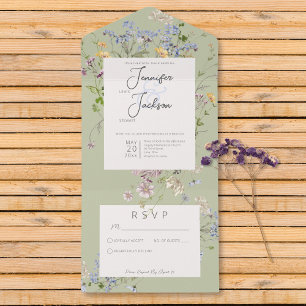 Delicate Boho Wildbloemen Sage Green Geen diner All In One Uitnodiging