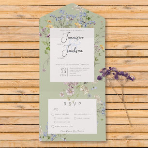 Delicate Boho Wildbloemen Sage Groen diner All In One Uitnodiging