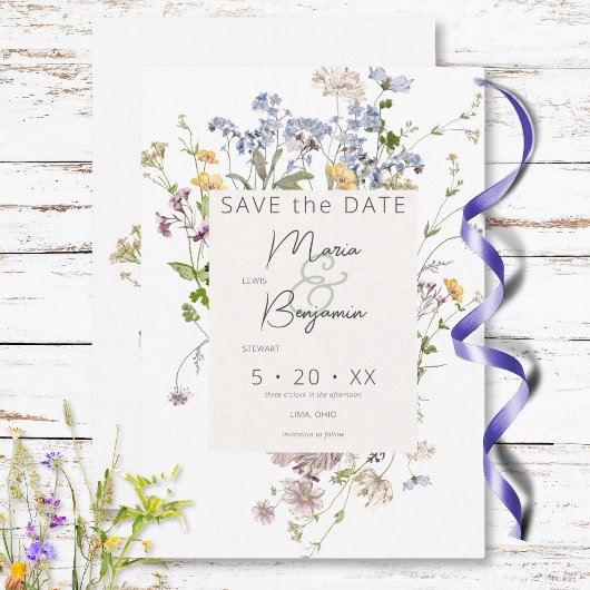 Delicate Boho Wildbloemen Witte bruiloft Save The Date