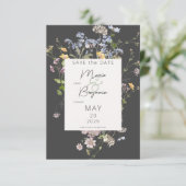 Delicate Boho Wilde Bloemen Charcoal Bruiloft Save The Date (Staand voorkant)