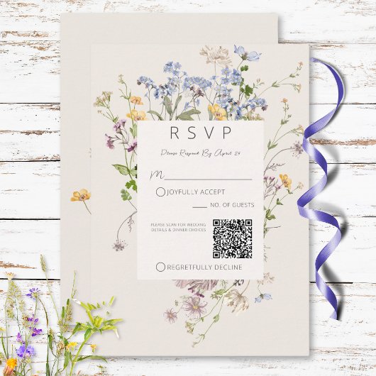 Delicate Boho Wildflower Cream QR Code Bruiloft RSVP Kaartje