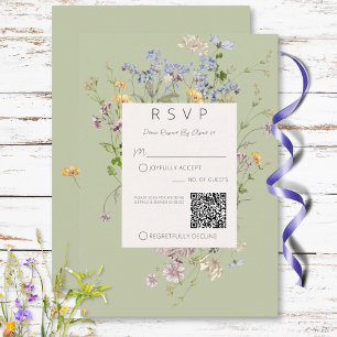 Delicate Boho Wildflower Groene QR Code Bruiloft RSVP Kaartje
