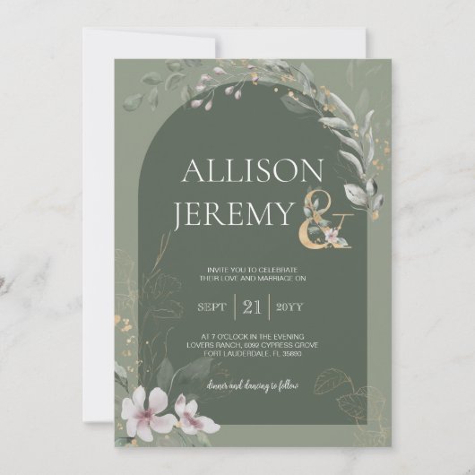 Delicate Botanische Wijze Groene Boog Bruiloft Uit Kaart (Voorkant)
