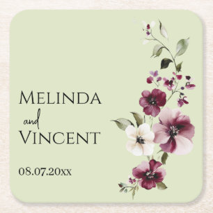 Delicate Bourgogne, Ivoren Bloemen Papier Onderzet Vierkante Kartonnen Onderzetter