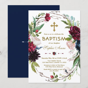 Delicate Burgundy Blue Floral Wreath Girl Baptisme Kaart
