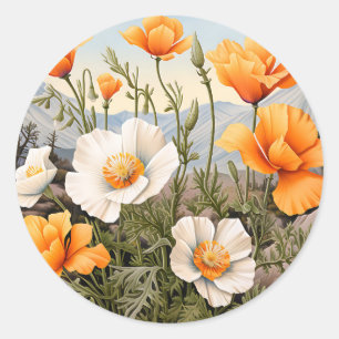 Delicate California Poppy Floral Ronde Sticker