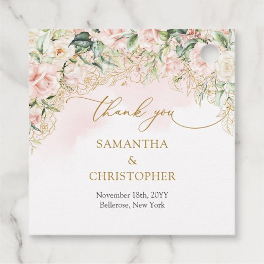 Delicate coquette roze rozen goud en groen bedankjes labels (Achterkant)