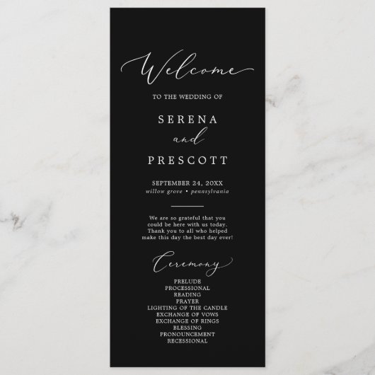 Delicate Dark Black Calligraphy Wedding Programme Programma (Voorkant)