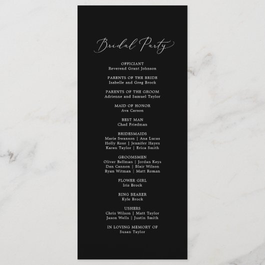 Delicate Dark Black Calligraphy Wedding Programme Programma (Achterkant)
