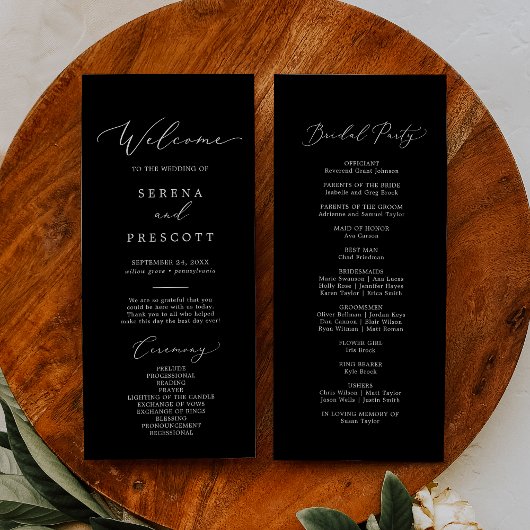 Delicate Dark Black Calligraphy Wedding Programme Programma