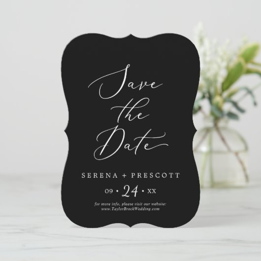 Delicate Dark Black Calligraphy Wedding Save The Date (Staand voorkant)