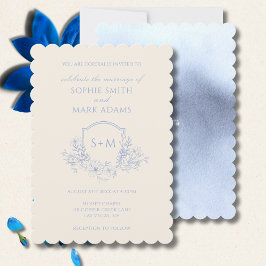 Delicate Dusty Blue Floral Monogram Crest Wedding Kaart