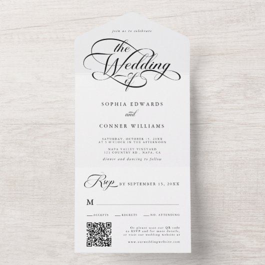 Delicate Elegant Script Trouwen Zwart & Wit All In One Uitnodiging (Binnen)