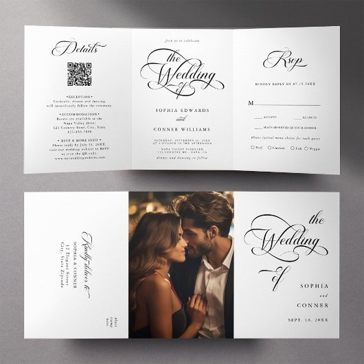 Delicate Elegant Script Trouwen Zwart & Wit Drieluik Uitnodiging