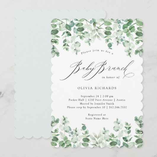 Delicate Eucalyptus | Waterverf Baby Brunch Kaart (Voorkant / Achterkant)