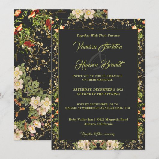 Delicate Floral and Gold Wedding Invitation Kaart (Voorkant / Achterkant)