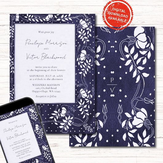 Delicate Floral Frame on Blue Wedding Invitation Kaart