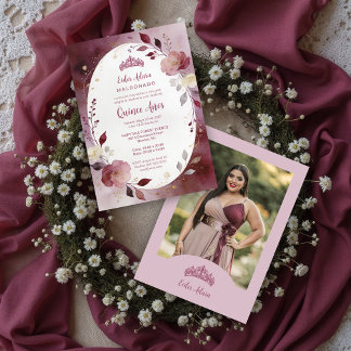 Delicate Floral Oval Quinceañera Tiara Invitation  Kaart