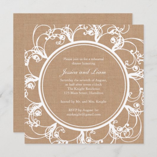 Delicate Floral repesal Dinner Invite op burlap Kaart (Voorkant / Achterkant)