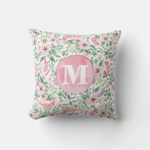 Delicate Flowers Lila roze zwart groen monogram Kussen
