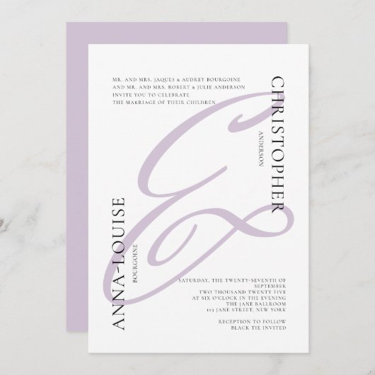 Delicate Formele Lavendel Script Ampersand Bruilof Kaart (Voorkant / Achterkant)