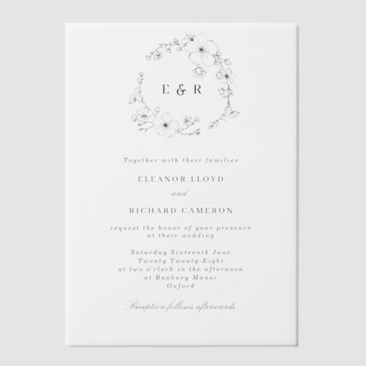 Delicate formele monogram bloemenkrans bruiloft vellum uitnodigingen (Voorkant)