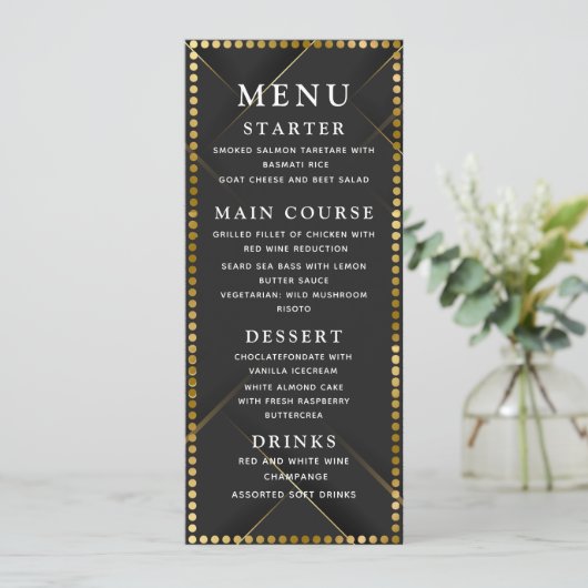 Delicate Gold and Black Wedding Dinner Menu (Debout devant)